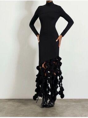 Elexiay Black Long-Sleeve High-Neck Dress with Crochet Fringe Hem